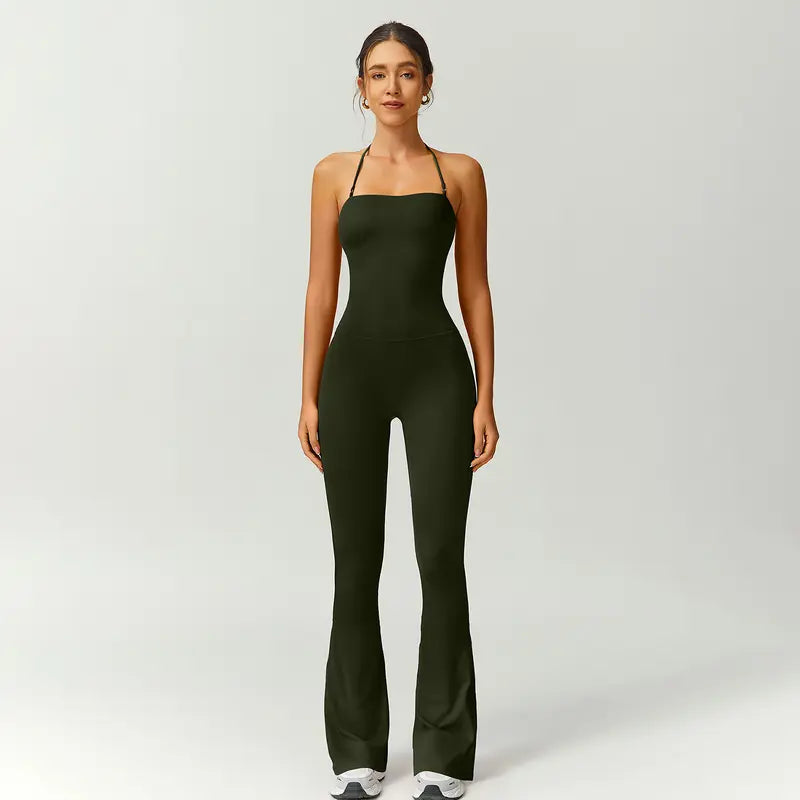 TimeOFF Women's Halter Neck Bodycon Flared Leg Jumpsuit