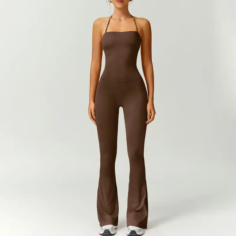 TimeOFF Women's Halter Neck Bodycon Flared Leg Jumpsuit