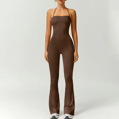TimeOFF Women's Halter Neck Bodycon Flared Leg Jumpsuit