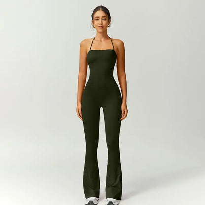 TimeOFF Women's Halter Neck Bodycon Flared Leg Jumpsuit