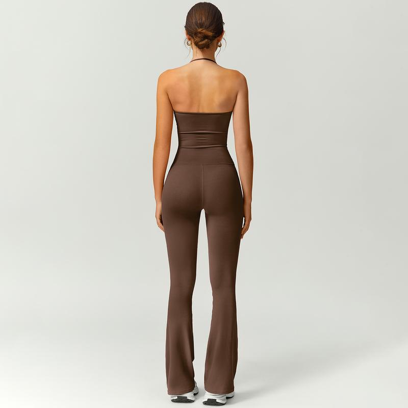 TimeOFF Women's Halter Neck Bodycon Flared Leg Jumpsuit