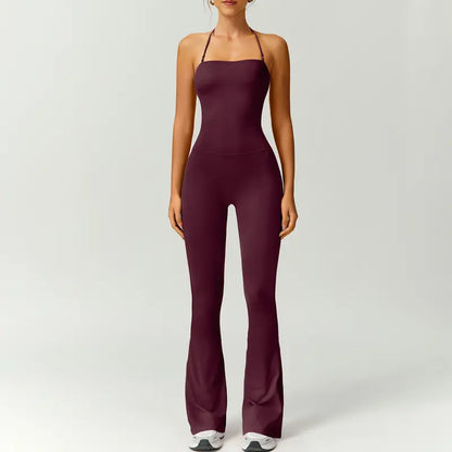 TimeOFF Women's Halter Neck Bodycon Flared Leg Jumpsuit