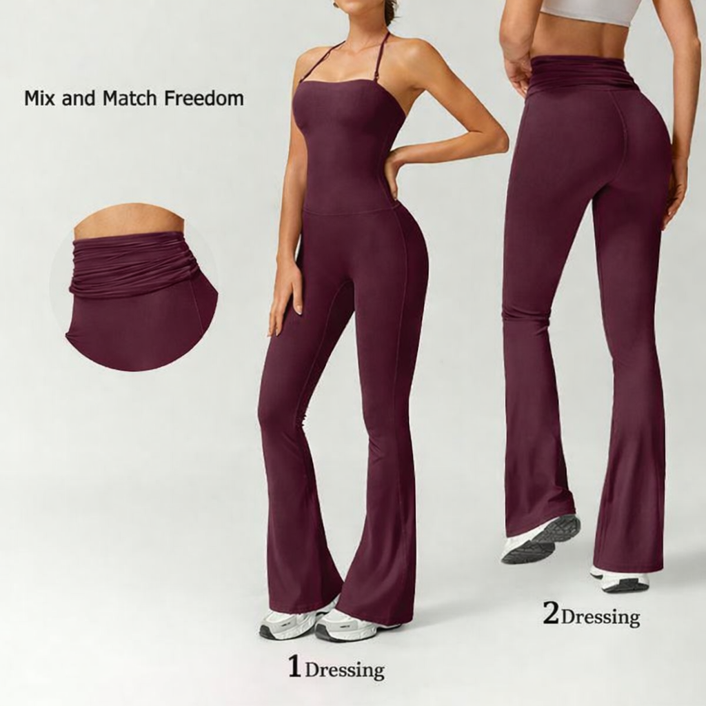 TimeOFF Women's Halter Neck Bodycon Flared Leg Jumpsuit