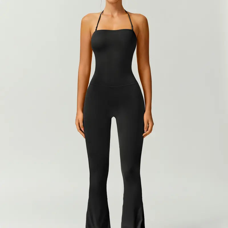 TimeOFF Women's Halter Neck Bodycon Flared Leg Jumpsuit