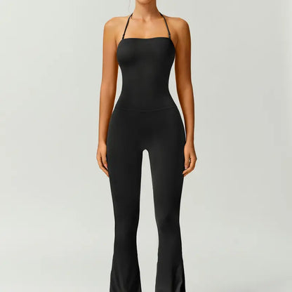 TimeOFF Women's Halter Neck Bodycon Flared Leg Jumpsuit