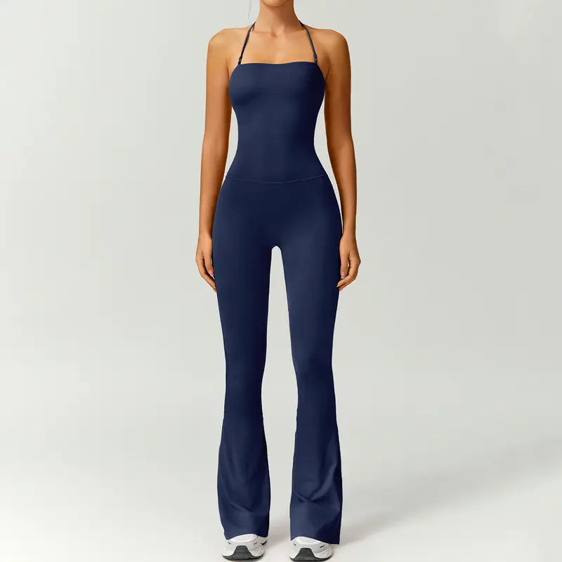 TimeOFF Women's Halter Neck Bodycon Flared Leg Jumpsuit