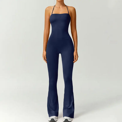 TimeOFF Women's Halter Neck Bodycon Flared Leg Jumpsuit