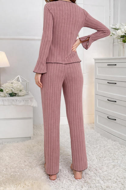 Women's Solid Lettuce Trim Top & Pants Loungewear Two-Piece Set