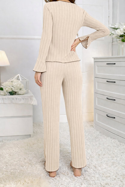 Women's Solid Lettuce Trim Top & Pants Loungewear Two-Piece Set
